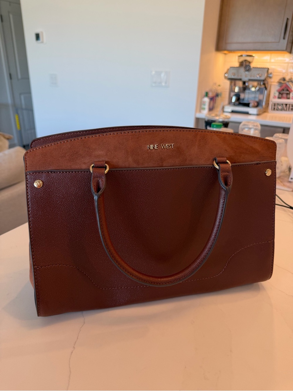 Nine West Deep Brown Structured Satchel with Gold Accents - Picture 8 of 9